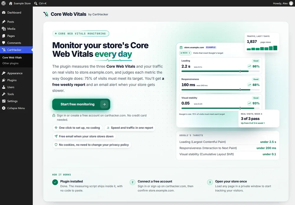 The plugin before connecting: an example report for store.example.com going from 0 of 3 to 3 of 3 Core Web Vitals passing, with a Start free monitoring button