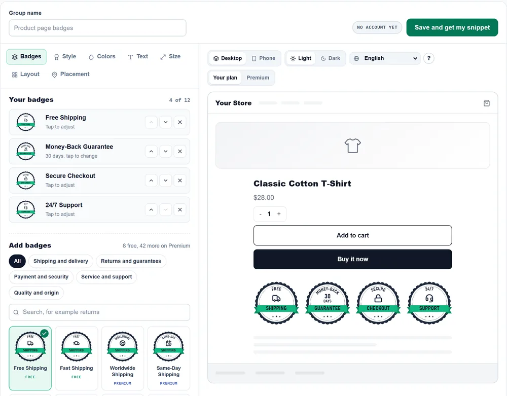 The CartHacker badge builder: free shipping, money-back guarantee, secure checkout and 24/7 support badges previewed under the Add to cart button of an example product page