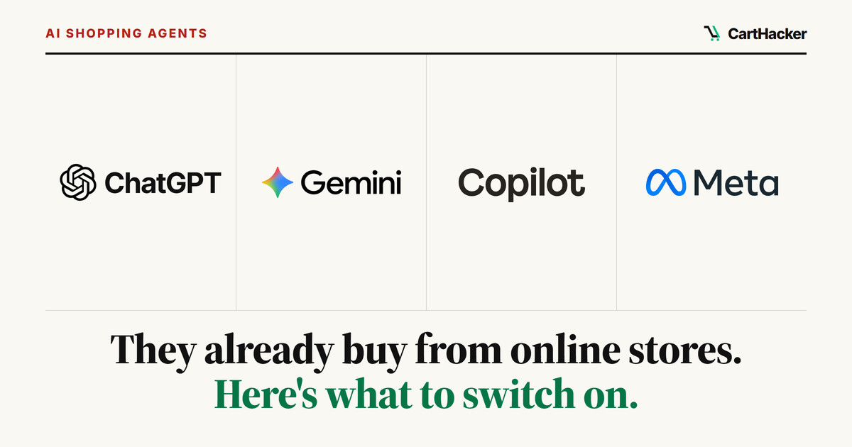 The ChatGPT, Gemini, Copilot and Meta logos side by side under the heading AI shopping agents, with the line: They already buy from online stores. Here's what to switch on.
