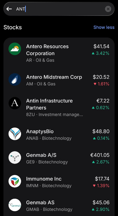 A broker app on a phone with ANT typed into the search field; the Stocks list shows Antero Resources, Antero Midstream, Antin Infrastructure Partners, AnaptysBio, Genmab, Immunome and Genmab AS, and no Anthropic