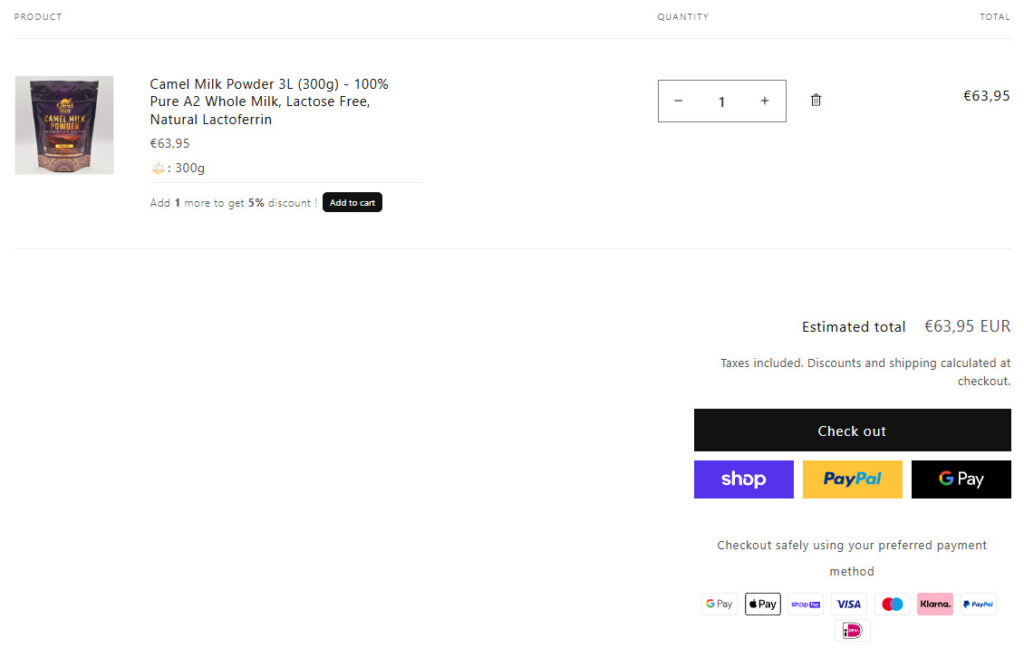 camelway.eu cart with one 300 g pack of camel milk powder at 63.95 euros, a line reading Add 1 more to get 5% discount with an Add to cart button, the estimated total with taxes included, a Check out button, Shop Pay, PayPal and Google Pay buttons, and payment icons for Google Pay, Apple Pay, Shop Pay, Visa, Maestro, Klarna, PayPal and iDEAL