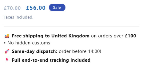 camelway.eu price block: 56 pounds, crossed out from 70, with a Sale label and taxes included, then free shipping to the United Kingdom on orders over 100 pounds, no hidden customs, same-day dispatch for orders before 14:00 and full end-to-end tracking included