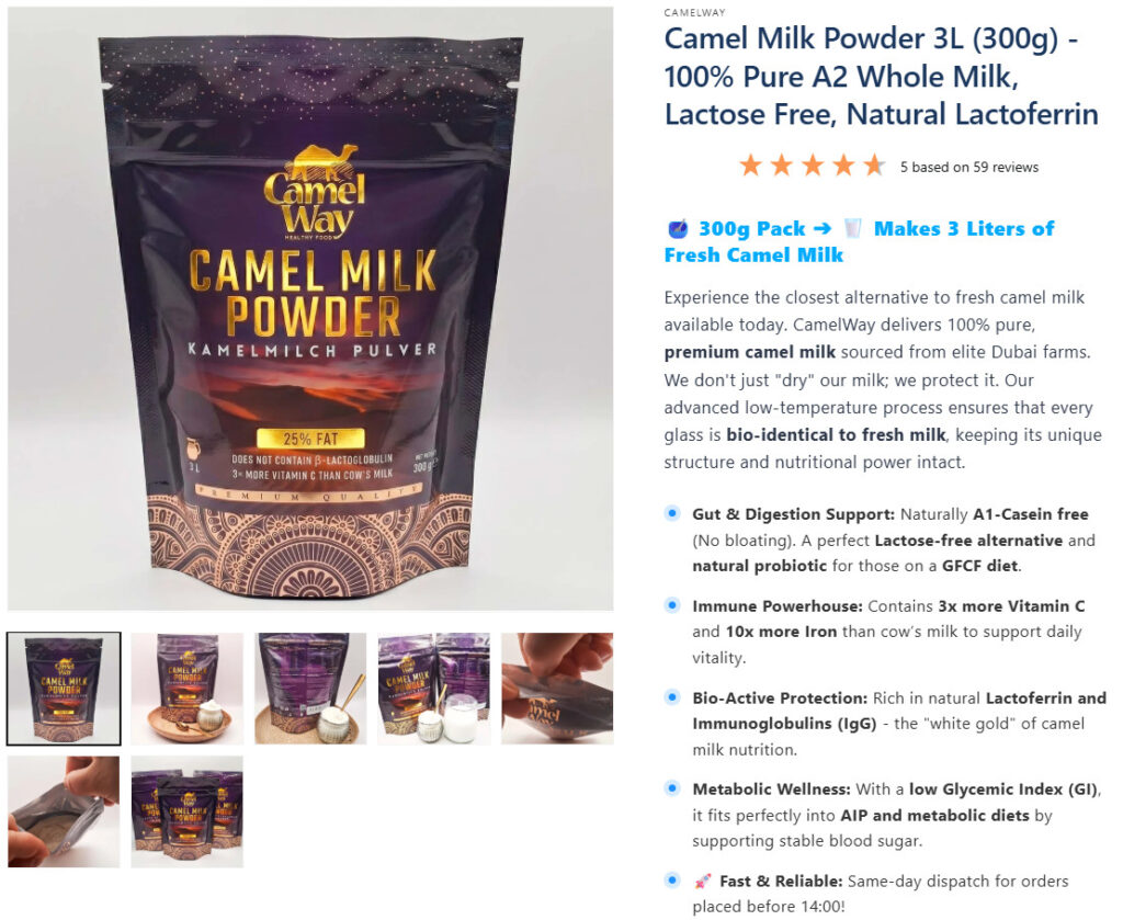 Top of the camelway.eu product page for camel milk powder: a large product photo with seven thumbnails, the title, a five-star rating based on 59 reviews, the line 300g pack makes 3 liters of fresh camel milk, a short description and bullet points on digestion, immunity, metabolism and same-day dispatch