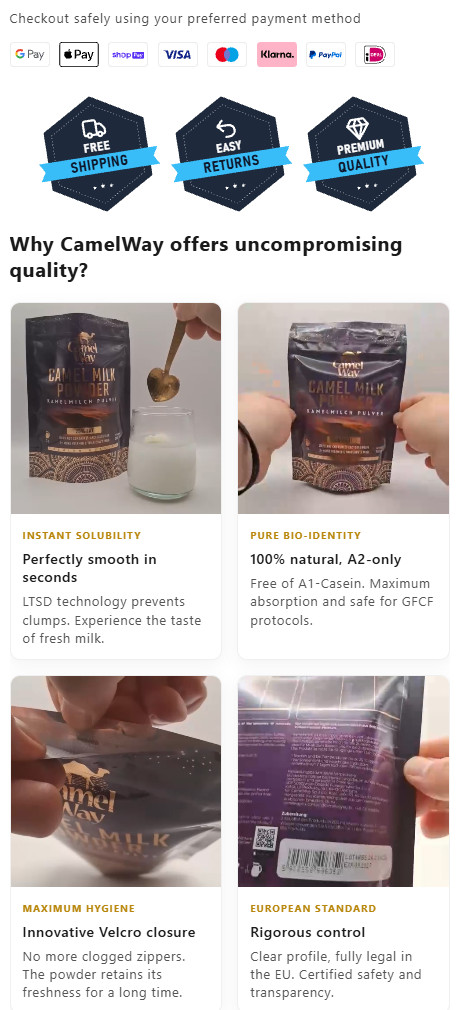 camelway.eu product page: payment icons, three trust badges reading Free shipping, Easy returns and Premium quality, and a section titled Why CamelWay offers uncompromising quality with four cards, each a short looping video with a label: instant solubility, pure bio-identity, maximum hygiene and European standard
