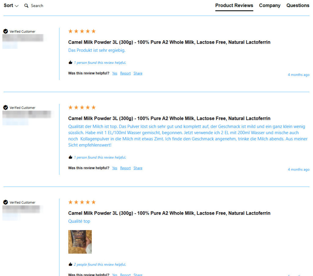 camelway.eu product reviews from REVIEWS.io: three five-star reviews marked Verified Customer, in German and French, one with a customer photo of the product, each with a helpful vote count; reviewer names and cities blurred