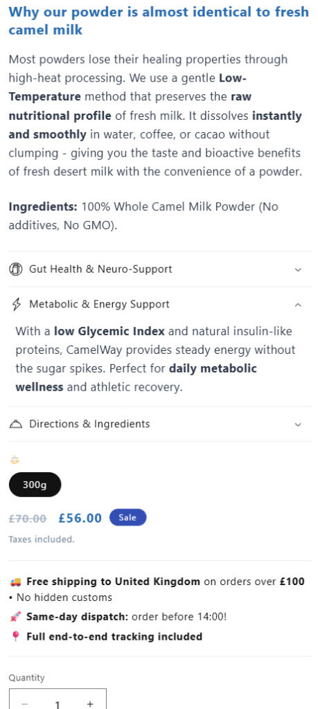 camelway.eu product page, right column: a short section on why the powder is close to fresh milk, the ingredients, three collapsible tabs with one opened, the 300g variant, a price of 56 pounds crossed from 70 with a Sale label, taxes included, and a delivery block: free shipping to the United Kingdom on orders over 100 pounds, no hidden customs, same-day dispatch for orders before 14:00 and full tracking