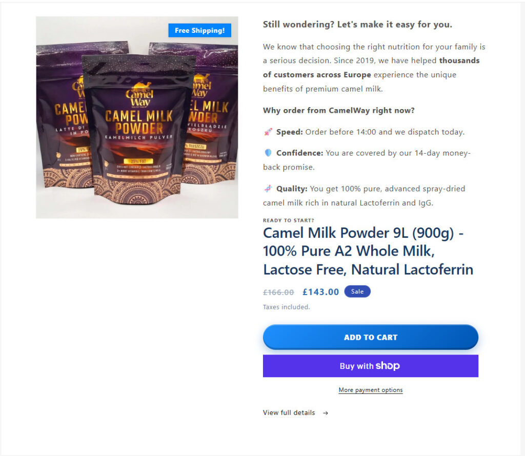 camelway.eu closing section headed Still wondering? Let's make it easy for you: three reasons to order now covering dispatch speed, confidence and quality, next to a photo of three packs, then a larger 900 g pack with its price, an Add to cart button and a Buy with Shop button