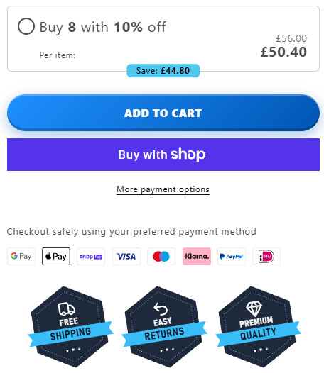 camelway.eu product page, buy box: a quantity discount option, the Add to cart and Buy with Shop Pay buttons, Shopify's payment icons for Google Pay, Apple Pay, Shop Pay, Visa, Maestro, Klarna, PayPal and iDEAL, and under them three hexagon ribbon badges reading Free shipping, Easy returns and Premium quality