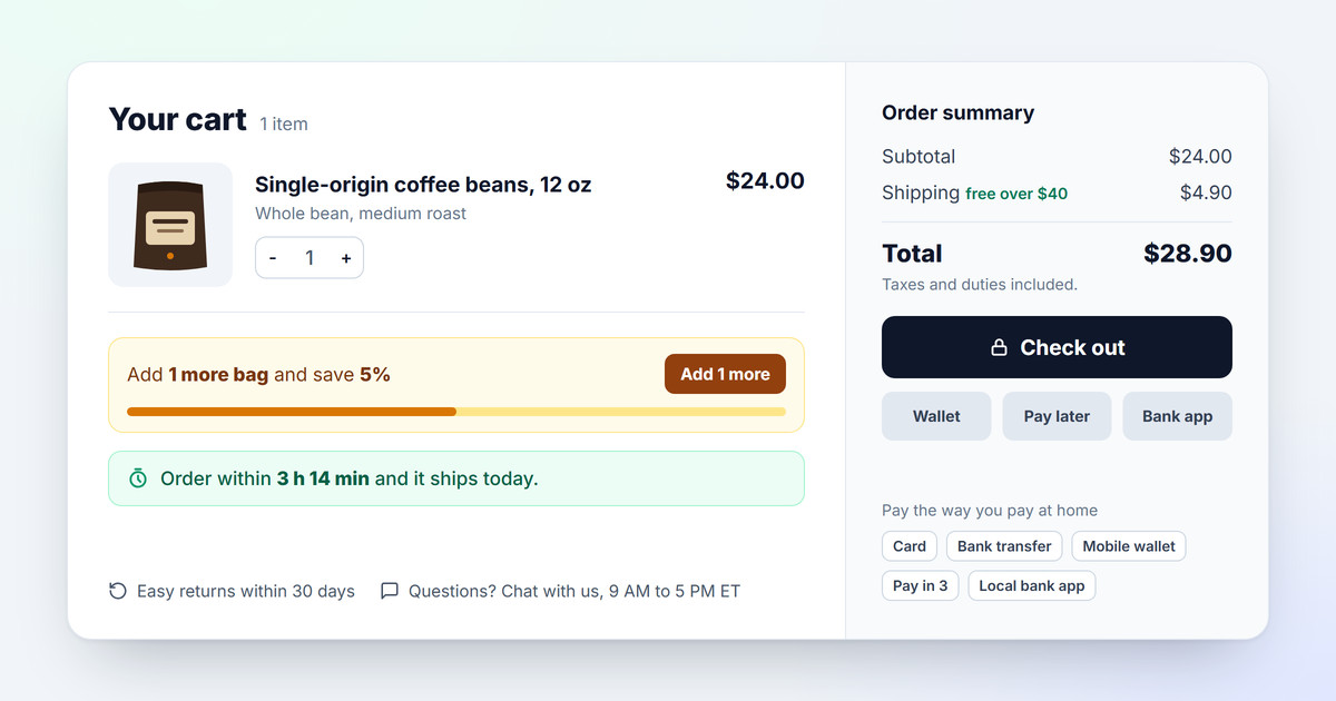 A shopping cart with one bag of coffee beans, a prompt to add one more bag and save 5%, a green line reading Order within 3 h 14 min and it ships today, an order summary with the shipping cost and the total, a Check out button and a row of payment methods