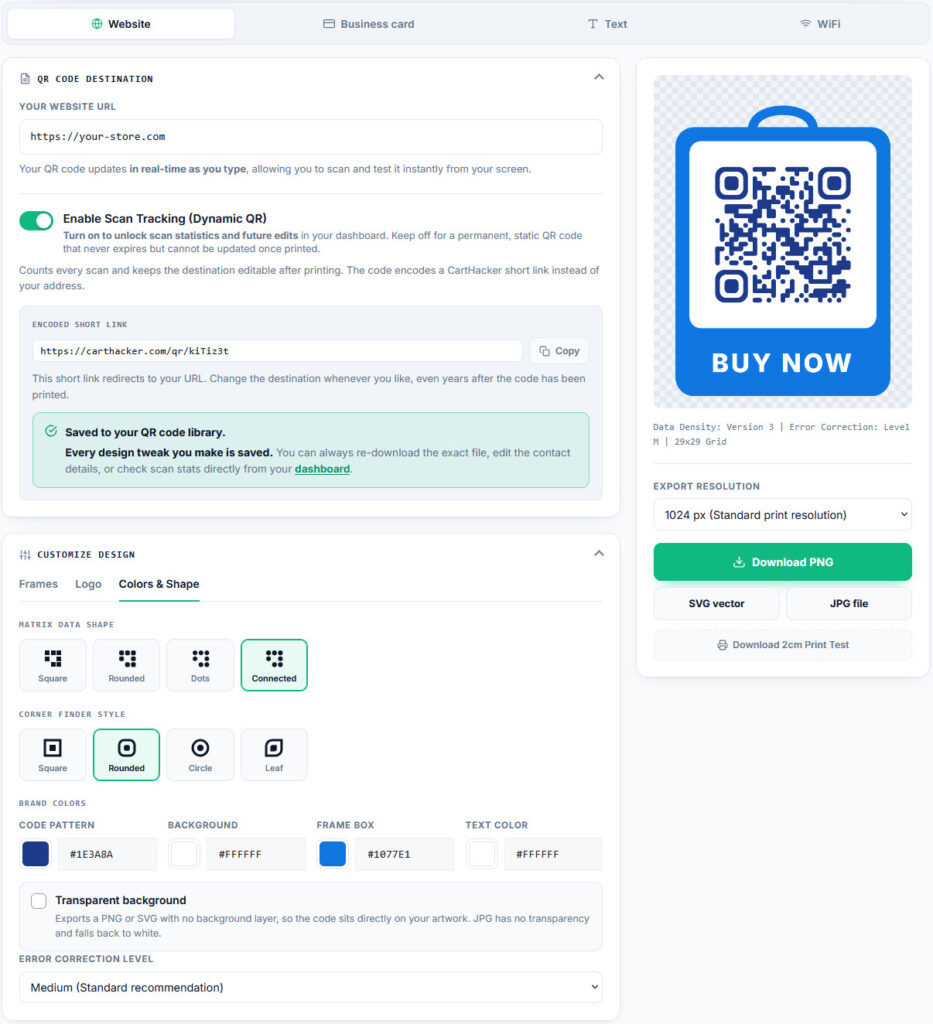CartHacker QR Code Generator with Enable Scan Tracking (Dynamic QR) switched on: the code encodes the short link https://carthacker.com/qr/kiTiz3t, which redirects to https://your-store.com, a notice confirms the code is saved to the QR code library, and the preview shows a blue Buy now frame around a version 3 code of 29 by 29 modules