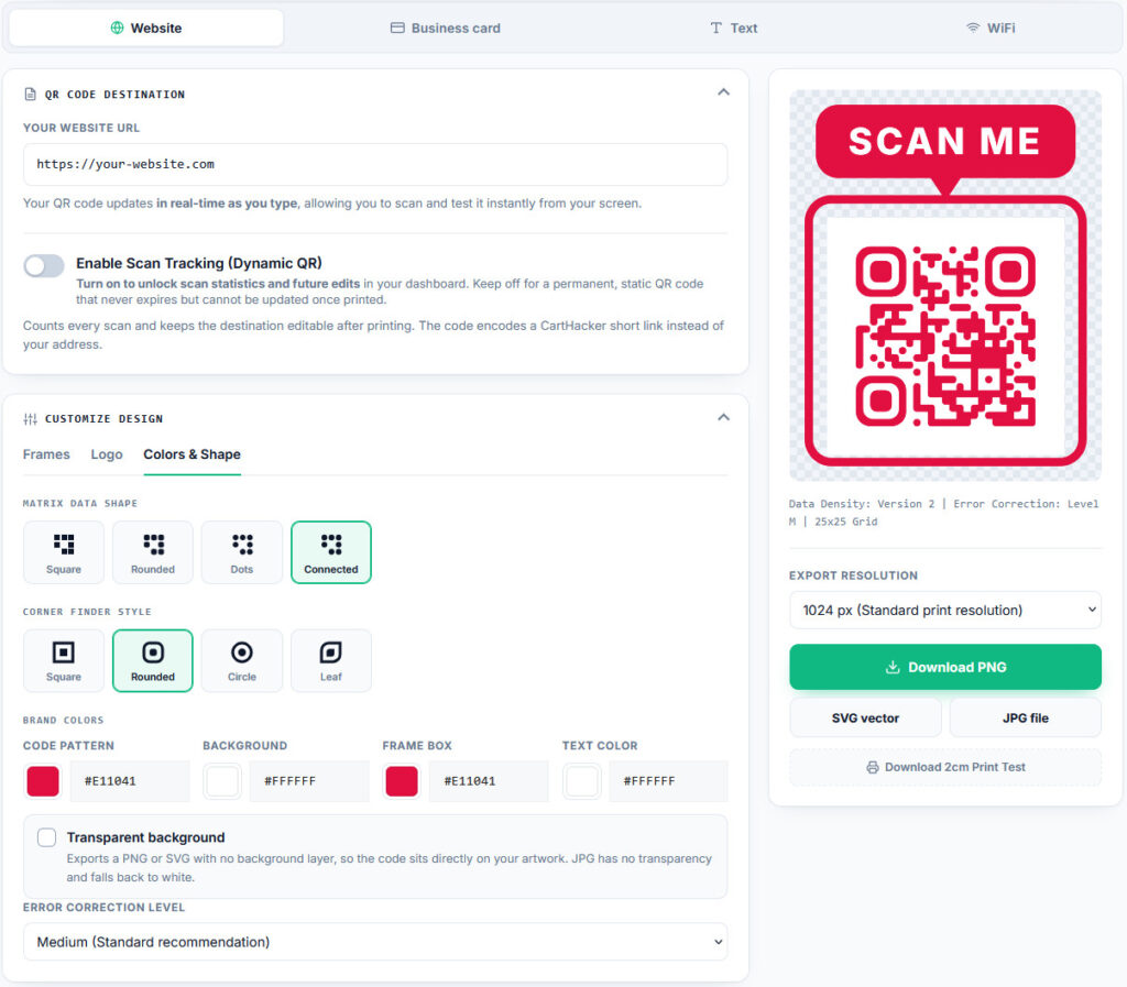 CartHacker QR Code Generator, Website tab, with Enable Scan Tracking (Dynamic QR) switched off: the address https://your-website.com is encoded directly, and the preview shows a red Scan me frame around a version 2 code of 25 by 25 modules at error correction level M, next to options for frames, logo, colors and shape and downloads as PNG, SVG and JPG