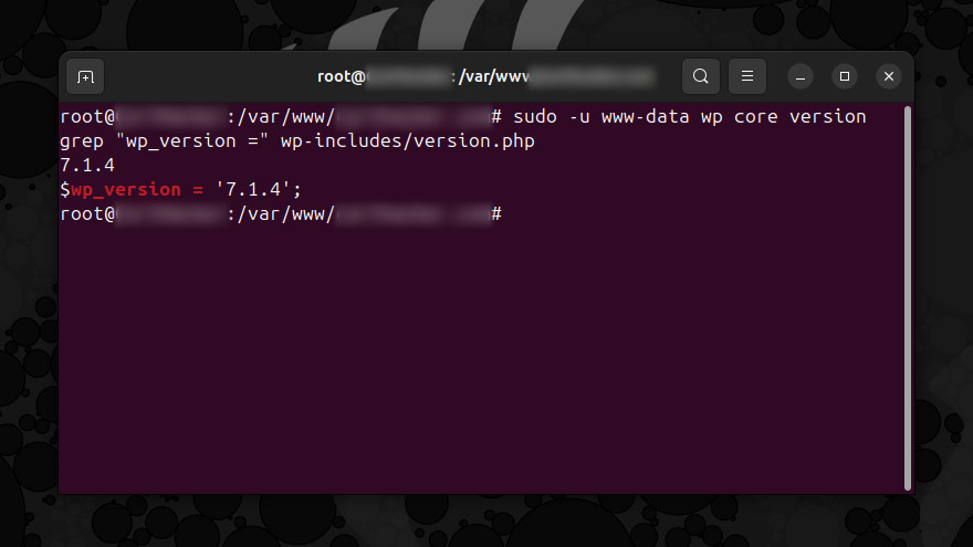 A terminal on a live server with the WP-CLI command and the grep command entered one after the other. WP-CLI prints 7.1.4, and grep prints the line $wp_version = '7.1.4'; from wp-includes/version.php. The server name and the site folder are blurred.