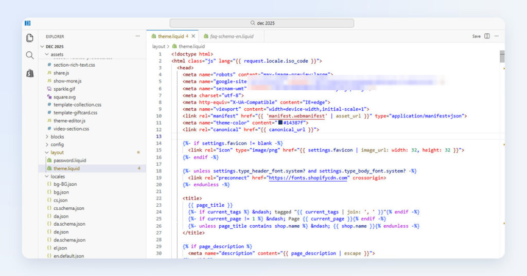 The Shopify code editor with the theme.liquid file of a live theme open: the file list on the left with the assets, layout and locales folders, and the head section of theme.liquid with meta tags, the canonical link and the title template