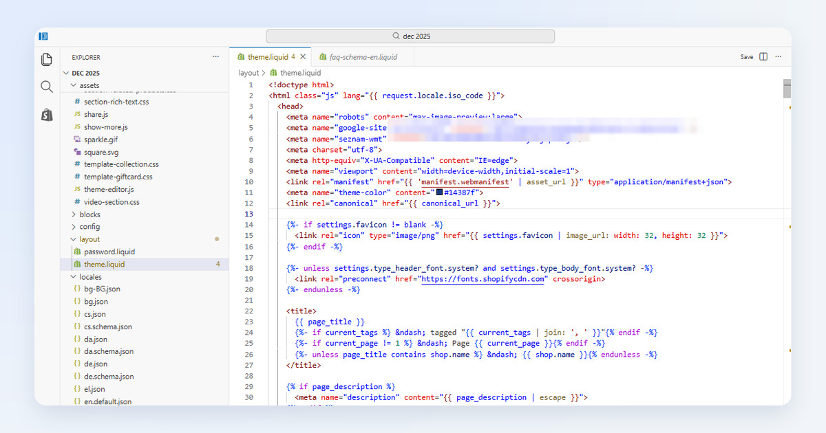 The Shopify code editor with the theme.liquid file of a live theme open: the file list on the left with the assets, layout and locales folders, and the head section of theme.liquid with meta tags, the canonical link and the title template
