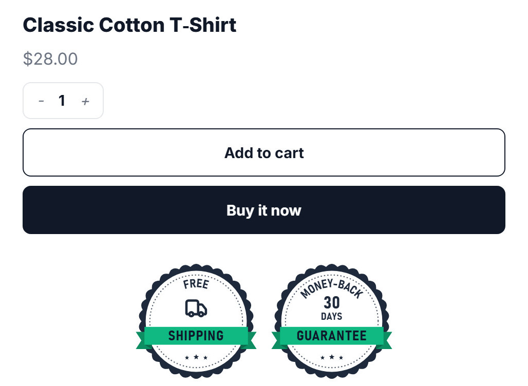 Product page preview in the CartHacker Trust Badges builder: Classic Cotton T-Shirt, $28.00, Add to cart and Buy it now buttons, and two badges below them, Free Shipping and Money-Back Guarantee 30 Days