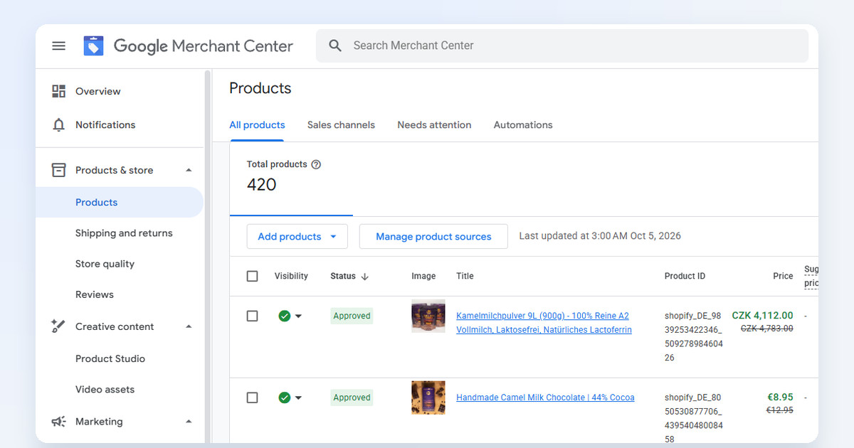 Google Merchant Center, Products page for camelway.eu: 420 products in total, the menu with Products, Shipping and returns, Store quality and Reviews, and the first approved products with their prices