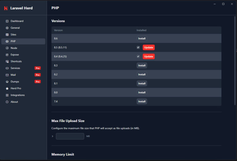 Laravel Herd for Windows, PHP Versions: 8.5 (8.5.11) and 8.4 (8.4.25) installed with red Update buttons, 8.6, 8.3, 8.2, 8.1, 8.0 and 7.4 offered for install