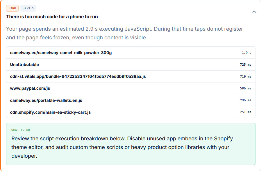 Store Speed Test finding: there is too much code for a phone to run, 2.9 s of JavaScript execution; the product page itself 1.9 s, unattributable 725 ms, the Vitals bundle 710 ms, www.paypal.com/js 506 ms, portable-wallets.en.js 296 ms, main-ea-sticky-cart.js 251 ms