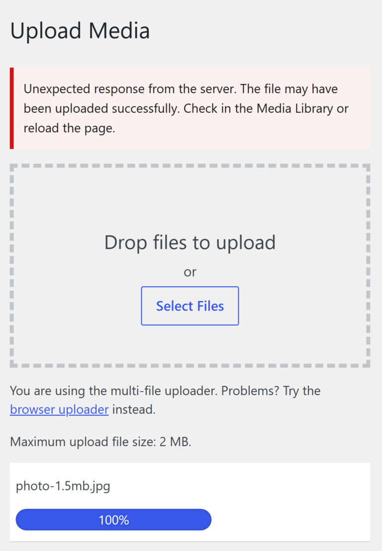 WordPress Media, Upload Media on a phone: a red box says Unexpected response from the server. The file may have been uploaded successfully. Check in the Media Library or reload the page. Under the uploader the line Maximum upload file size: 2 MB, and photo-1.5mb.jpg with its progress bar at 100%
