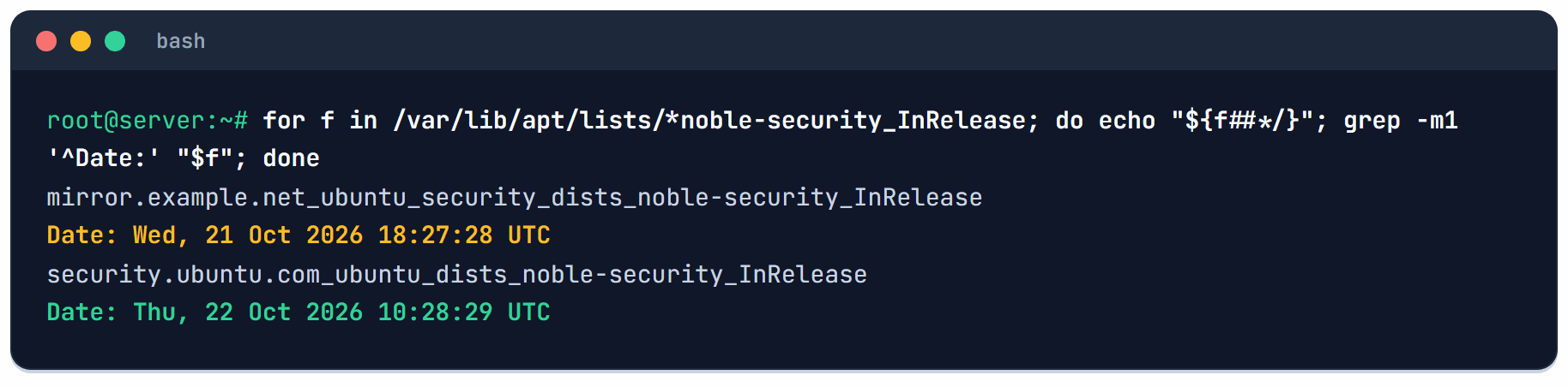 The Date line of two noble-security index files: the mirror's copy reads Wed, 21 Oct 2026 18:27:28 UTC, the copy from security.ubuntu.com reads Thu, 22 Oct 2026 10:28:29 UTC