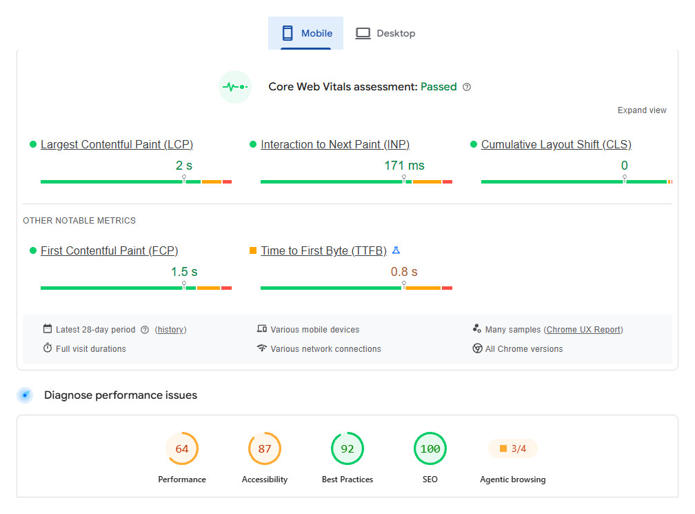 PageSpeed Insights mobile results for the camelway.eu home page: Core Web Vitals assessment passed with LCP 2 s, INP 171 ms and CLS 0, above a lab Performance score of 64