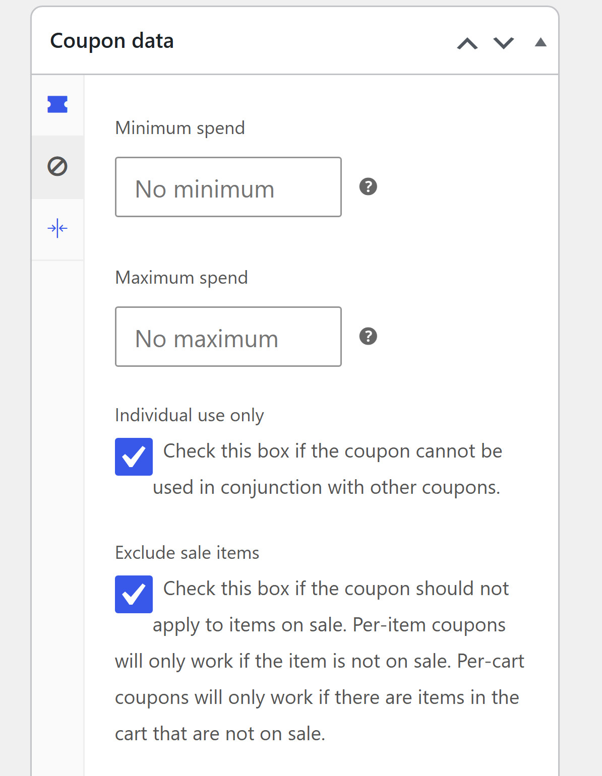 WooCommerce coupon data, Usage restriction tab: Minimum spend and Maximum spend empty; Individual use only ticked, Check this box if the coupon cannot be used in conjunction with other coupons; Exclude sale items ticked, Check this box if the coupon should not apply to items on sale