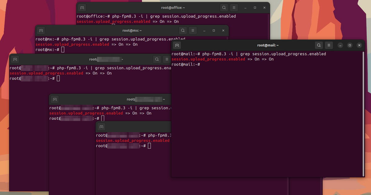 Six terminal windows on client servers, each running php-fpm8.3 -i piped to grep session.upload_progress.enabled, and each printing session.upload_progress.enabled => On => On