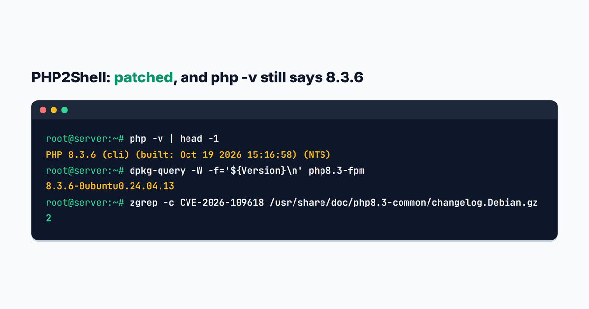 A terminal on a patched Ubuntu server: php -v prints PHP 8.3.6 built Oct 19 2026, dpkg-query prints the package version 8.3.6-0ubuntu0.24.04.13, and zgrep counts 2 mentions of CVE-2026-109618 in the php8.3 changelog