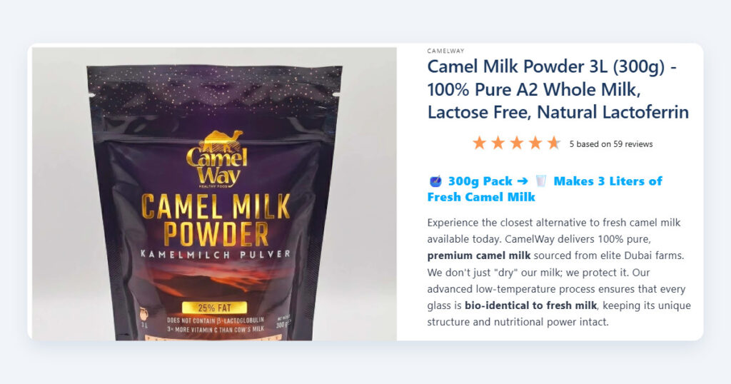 The top of the camelway.eu product page for camel milk powder: a large product photo with thumbnails, the product title, a five-star rating based on 59 reviews, a one-line value statement and a short description