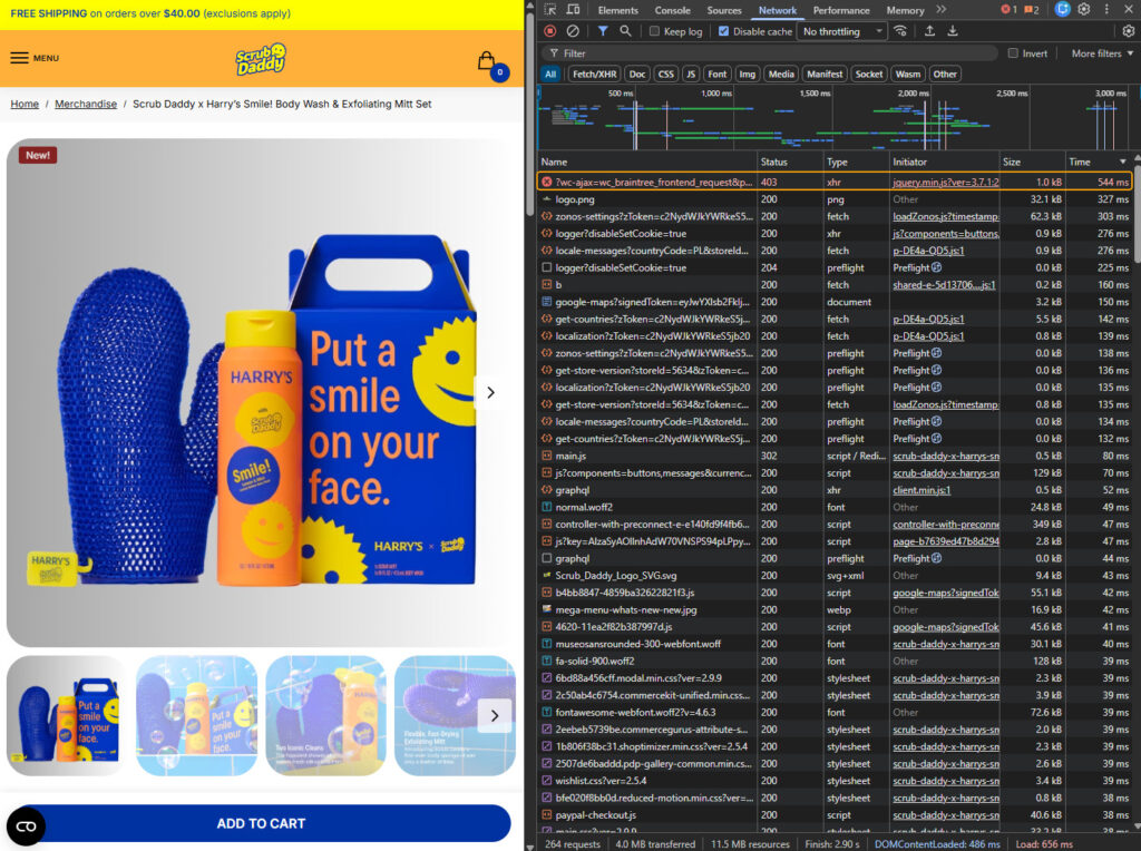 Chrome DevTools Network panel next to the Scrub Daddy product page, requests sorted by time, the slowest one highlighted at the top: ?wc-ajax=wc_braintree_frontend_request, status 403, type xhr, 1.0 kB, 544 ms; 264 requests, 4.0 MB transferred, DOMContentLoaded 486 ms, Load 656 ms