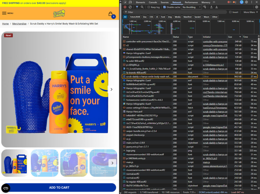 Chrome DevTools Network panel next to the Scrub Daddy x Harry's Smile! product page, requests sorted by size, the page document highlighted: status 200, type document, 94.0 kB, 37 ms; the status bar reads 260 requests, 3.7 MB transferred, 10.1 MB resources, DOMContentLoaded 494 ms, Load 647 ms