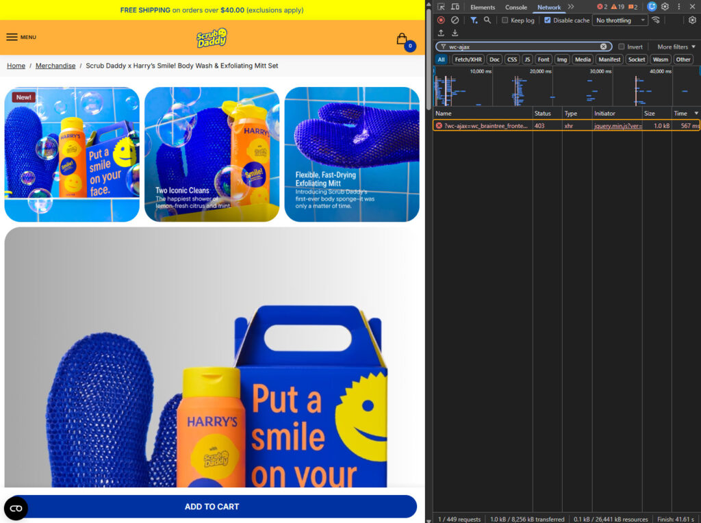 Chrome DevTools Network panel filtered by wc-ajax next to the Scrub Daddy product page after several reloads in one tab: the only request is ?wc-ajax=wc_braintree_frontend_request, status 403, type xhr, 1.0 kB, 567 ms; no get_refreshed_fragments request