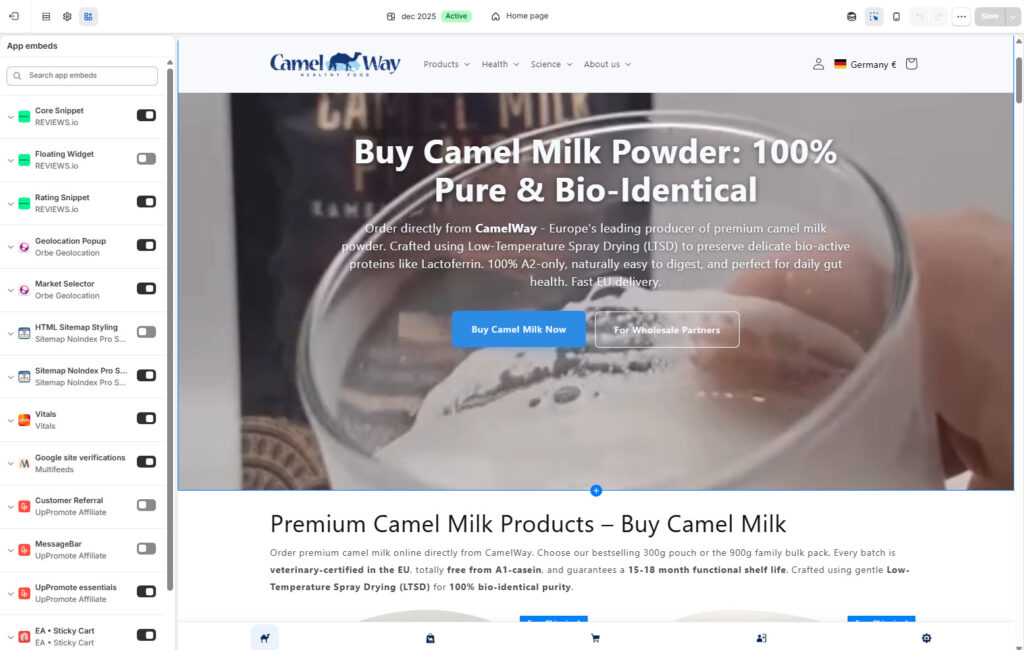 Shopify theme editor with the App embeds panel open for camelway.eu: REVIEWS.io Core Snippet and Rating Snippet on, Floating Widget off, Orbe Geolocation Popup and Market Selector on, Sitemap NoIndex Pro on, HTML Sitemap Styling off, Vitals on, Multifeeds Google site verifications on, UpPromote Customer Referral and MessageBar off, UpPromote essentials on, EA Sticky Cart on