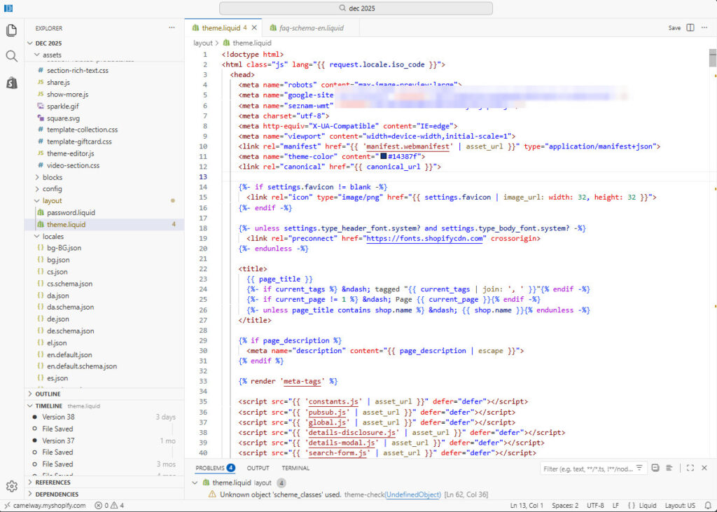 The Shopify code editor with theme.liquid open from the Layout folder: the file list shows assets, blocks, config, layout and locales, the Timeline panel lists earlier versions of the file, and the Problems panel shows four warnings from Theme Check; the site verification values in the head are blurred