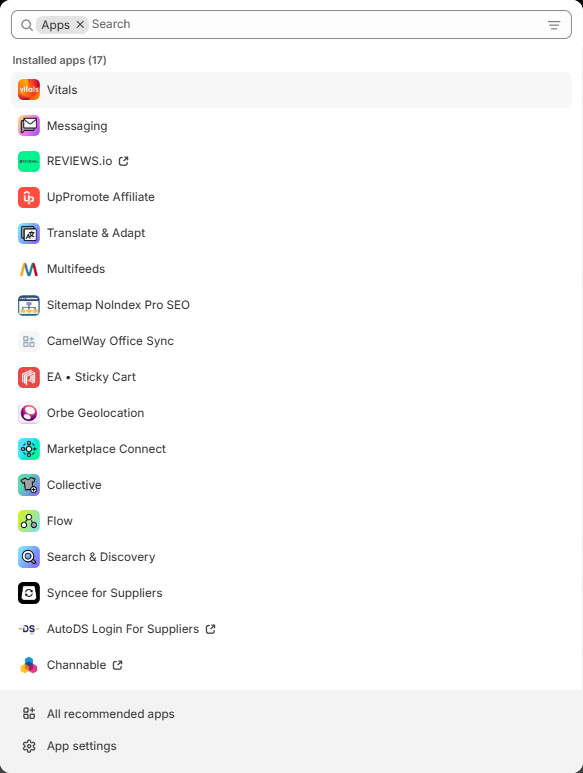 Shopify admin search showing the 17 installed apps on camelway.eu: Vitals, Messaging, REVIEWS.io, UpPromote Affiliate, Translate and Adapt, Multifeeds, Sitemap NoIndex Pro SEO, CamelWay Office Sync, EA Sticky Cart, Orbe Geolocation, Marketplace Connect, Collective, Flow, Search and Discovery, Syncee for Suppliers, AutoDS Login For Suppliers, Channable