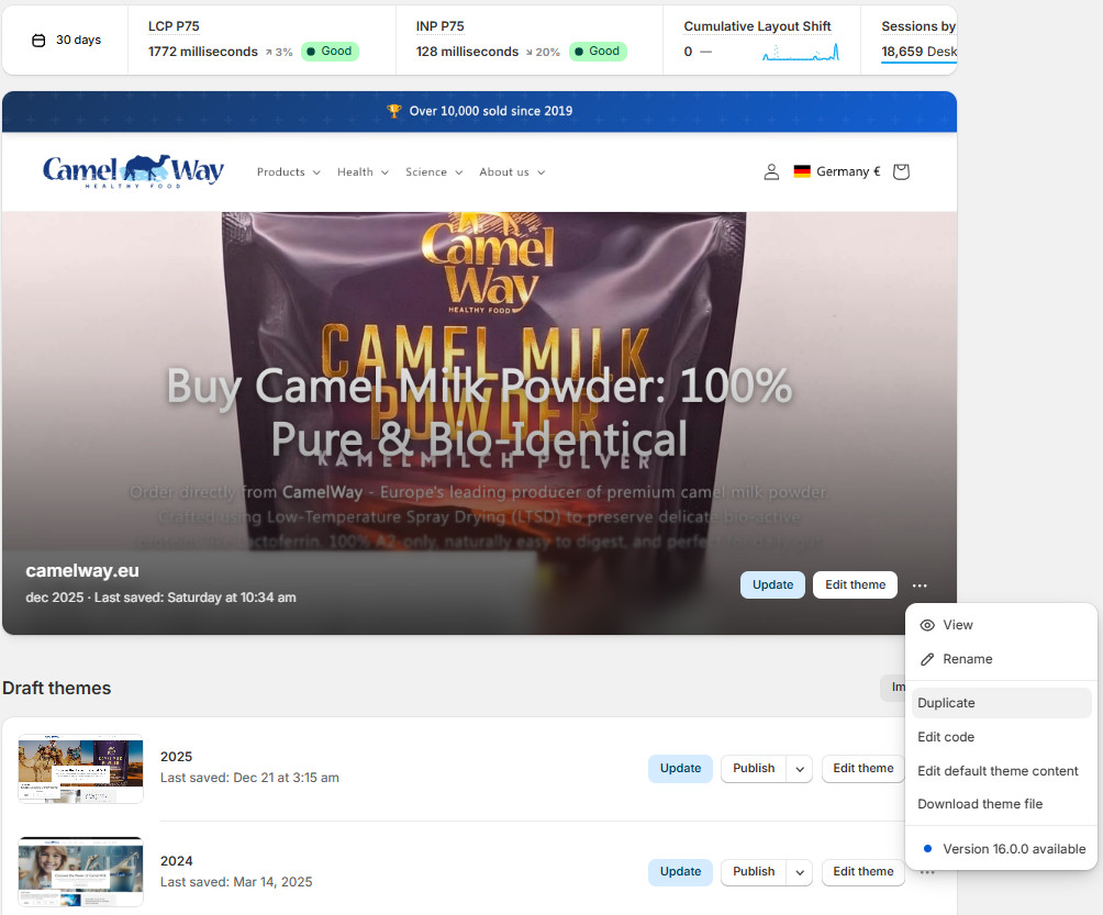 Shopify admin, Online Store, for camelway.eu: the live theme with its actions menu open, offering View, Rename, Duplicate, Edit code, Edit default theme content and Download theme file, a note that version 16.0.0 is available, and two older draft themes below; a speed summary at the top shows Loading at 1,772 milliseconds and Responsiveness at 128 milliseconds, both good
