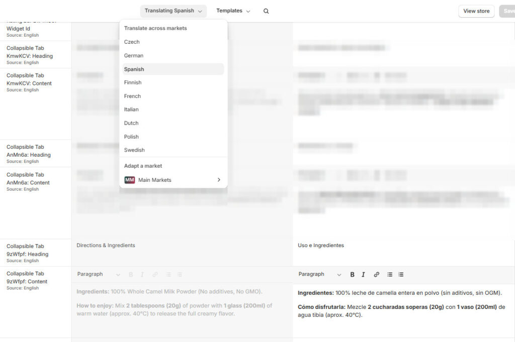 Shopify Translate and Adapt editor translating a camelway.eu product into Spanish: the language menu lists Czech, German, Spanish, Finnish, French, Italian, Dutch, Polish and Swedish, and the editor shows the English source next to the Spanish text for the directions and ingredients; the other product text rows are blurred