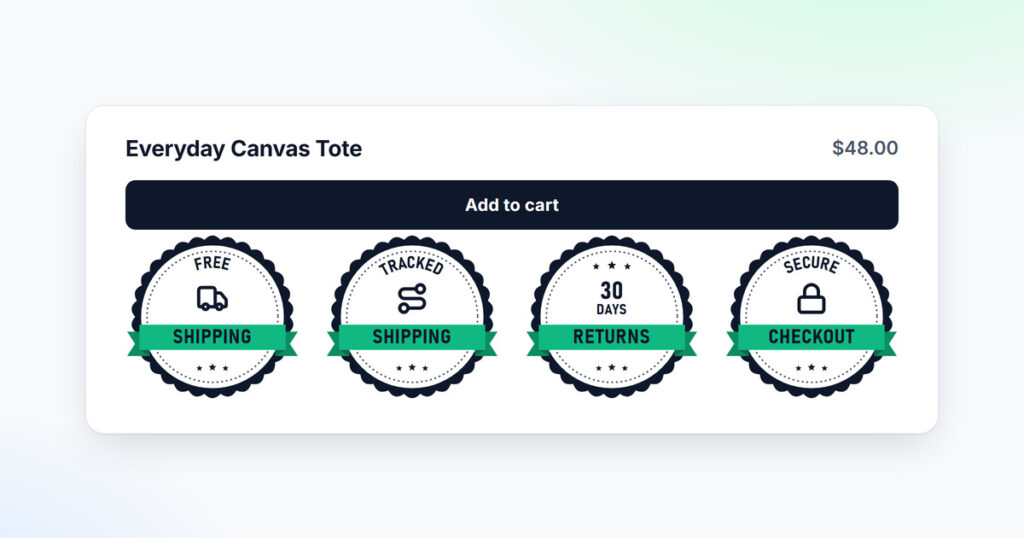 A product buy box with an Add to cart button and four trust badges in the rosette style directly under it: Free shipping, Tracked shipping, 30 days returns and Secure checkout