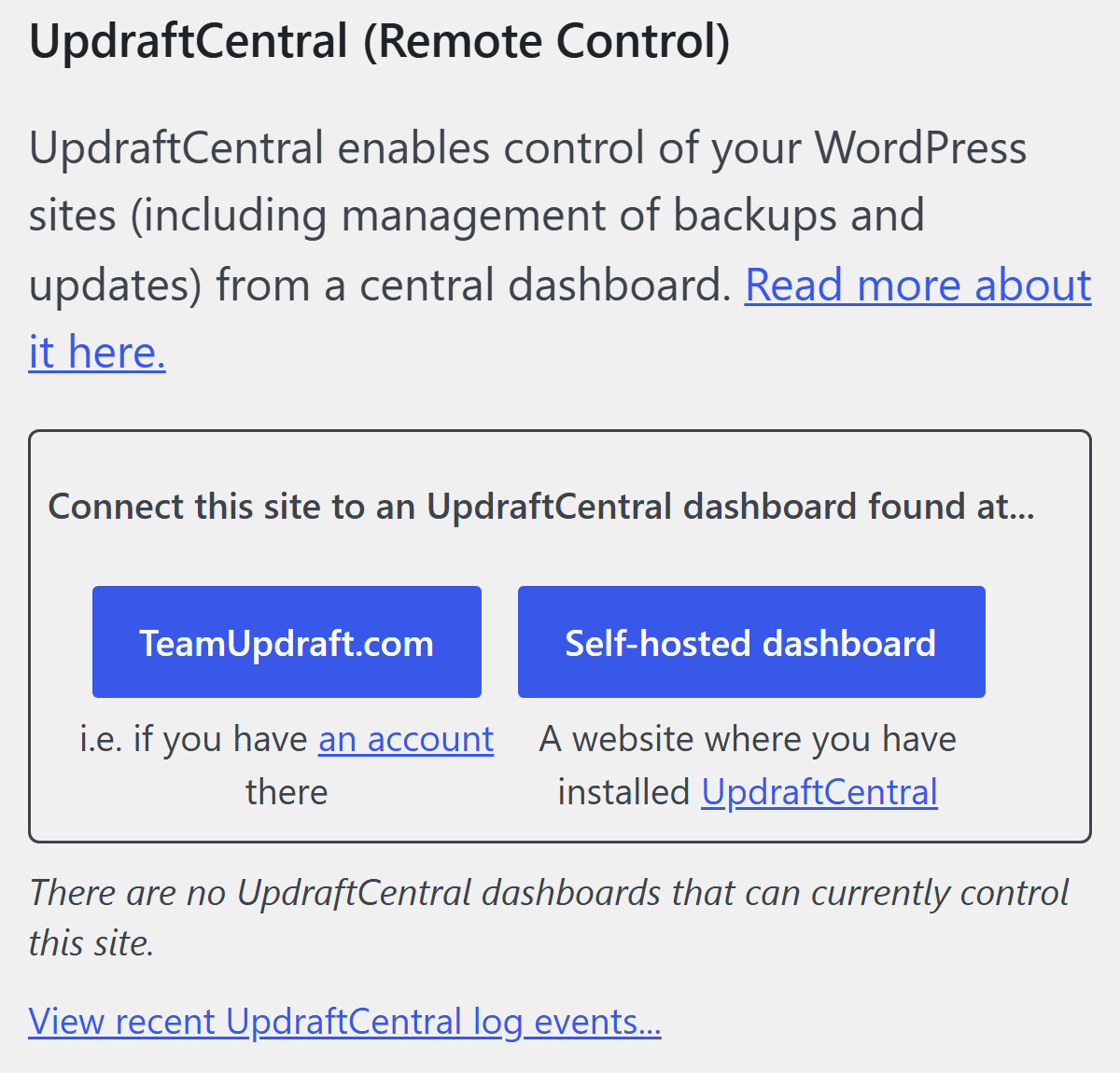 UpdraftPlus 1.26.13, Advanced Tools, UpdraftCentral (Remote Control) on the test store, opened on a phone: the TeamUpdraft.com and Self-hosted dashboard buttons and the line There are no UpdraftCentral dashboards that can currently control this site