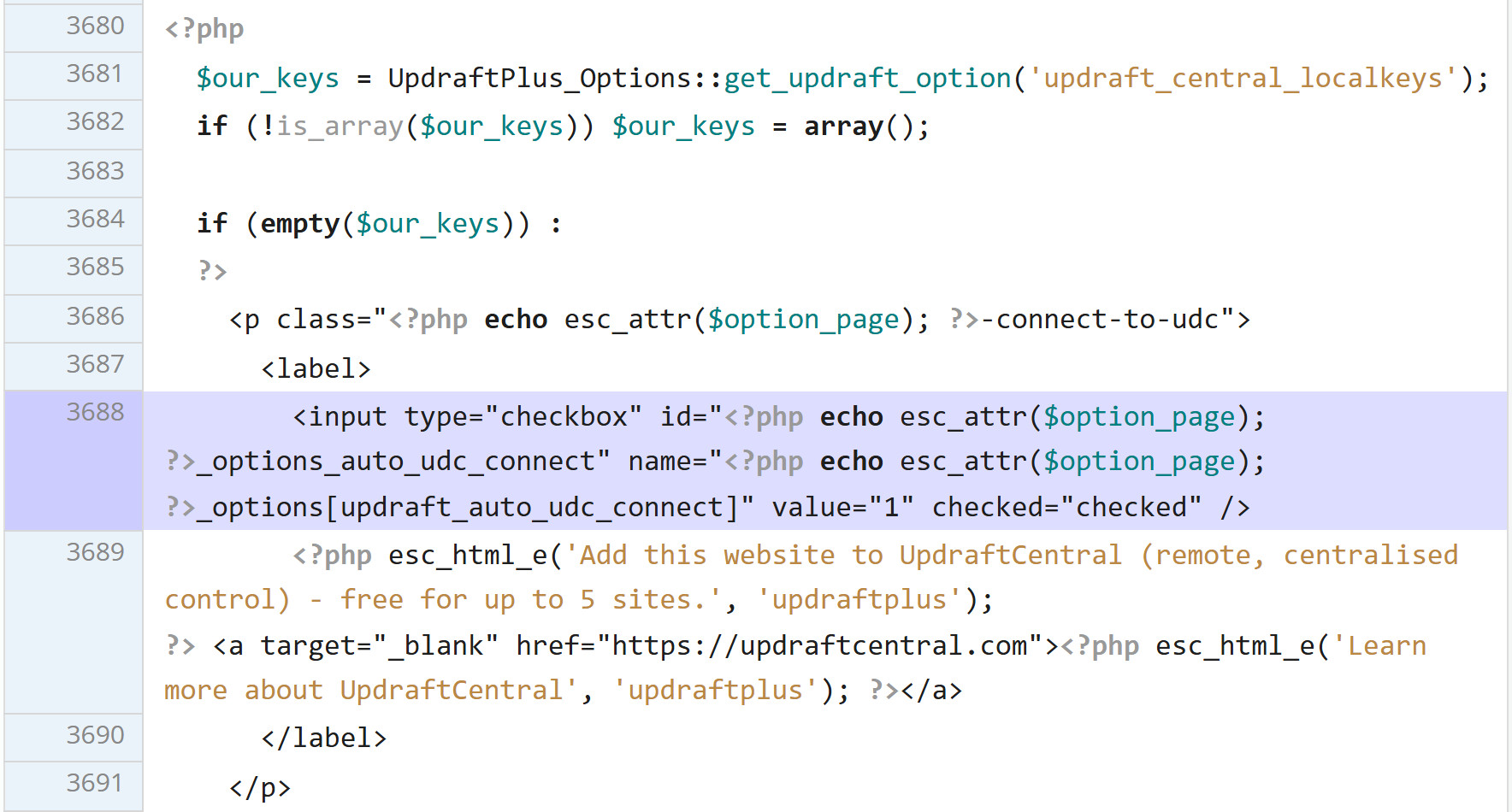 UpdraftPlus 1.26.13 admin.php on plugins.trac.wordpress.org, lines 3680 to 3691: when updraft_central_localkeys is empty, line 3688 prints the Add this website to UpdraftCentral checkbox with checked=checked