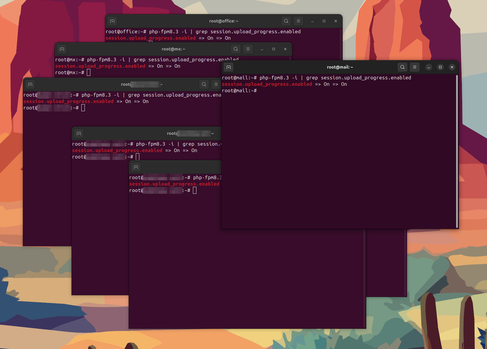 Six terminal windows on client servers, each running php-fpm8.3 -i piped to grep session.upload_progress.enabled, and every one printing session.upload_progress.enabled => On => On