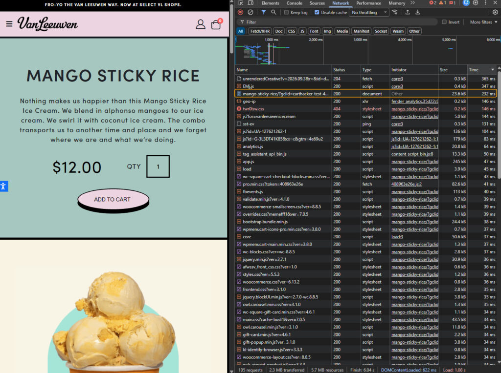 Chrome DevTools Network panel next to the Van Leeuwen Mango Sticky Rice page opened with a gclid parameter, requests sorted by time, the page document highlighted: mango-sticky-rice/?gclid=carthacker-test, status 200, type document, 23.6 kB, 232 ms; 105 requests, 2.3 MB transferred, DOMContentLoaded 622 ms, Load 1.08 s