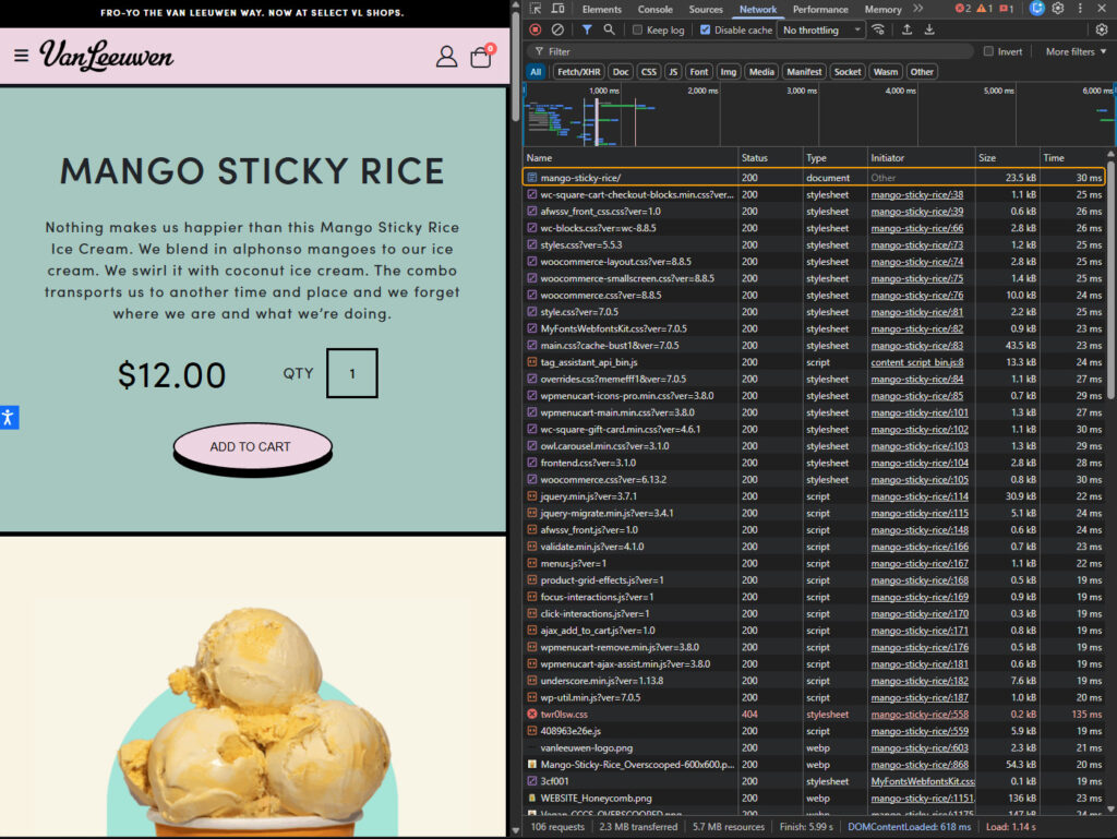 Chrome DevTools Network panel next to the Van Leeuwen Ice Cream Mango Sticky Rice product page, the page document highlighted as the first request: status 200, type document, 23.5 kB, 30 ms; 106 requests, 2.3 MB transferred, 5.7 MB resources, DOMContentLoaded 618 ms, Load 1.14 s